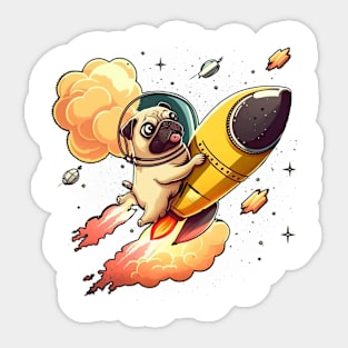 pug flying into space with a rocket Sticker